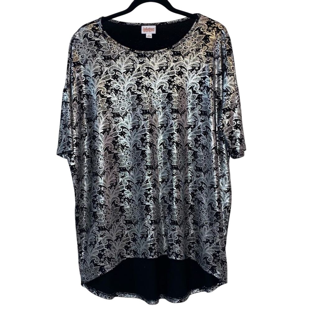 LuLaRoe Irma Tunic Small Pink Label Black Silver Damask High Low Top Stretch‎
